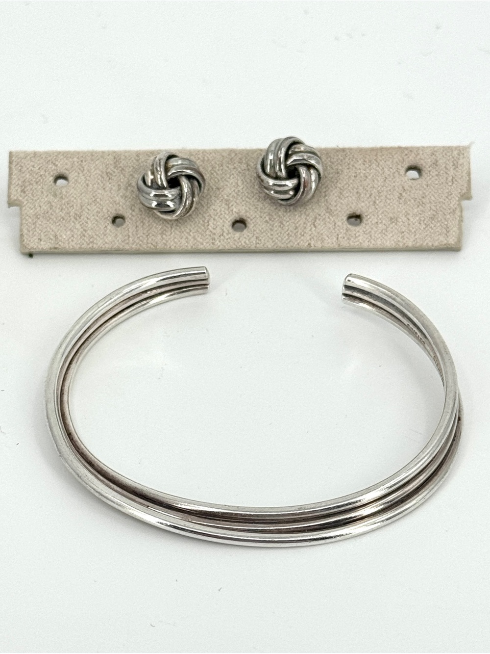 Vintage Sterling Silver Knot Stud Earrings and Triple-Band Cuff Bracelet Set